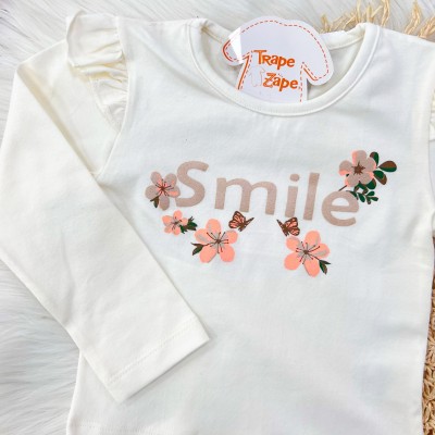 Conj. Blusa Manga Longa Smile e Calça de Moletom- Off White e Preto